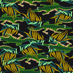 seamless pattern with cartoon crocodile and tropical leaf