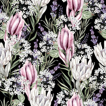 Beautiful watercolor seamless pattern  with protea flowers, gypsophila, lavender and eucalyptus leaves.