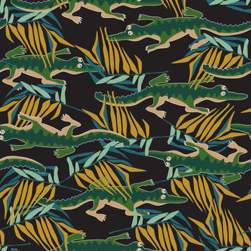 pattern with cartoon crocodile and tropical leaf