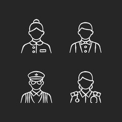 Cruise staff chalk white icons set on dark background. Providing interesting voyage on big ship. Helping passengers during trip. Ocean tourism. Isolated vector chalkboard illustrations on black