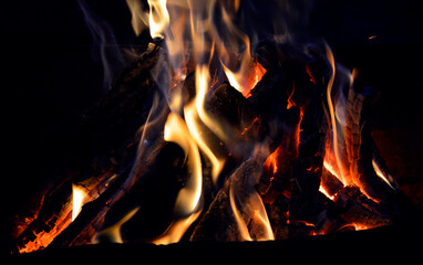 firewood burns with a bright yellow-red flame against the background of a dark night