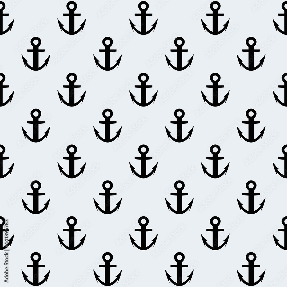 Poster Black anchors pattern. Vector repeated anchors. Seamless symbos of anchor. White background and silhouettes of anchor.