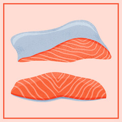 Fresh tasty salmon sea fish fillets vector hand drawn illustration isolated on red background.