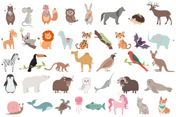 Big set of animals isolated on white background. Vector collection of funny cute animals in flat cartoon style.