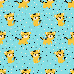 Seamless pattern with cute cartoon tigers