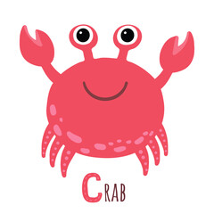 Cute red crab with sign. C letter learning. Cartoon style. Vector isolated on white background.