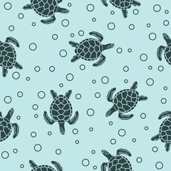seamless pattern with sea turtles on blue background