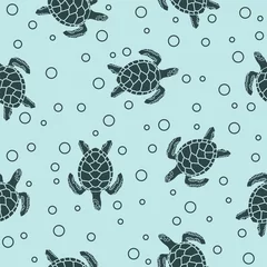 Fotobehang Zee naadloos patroon met zeeschildpadden op blauwe achtergrond