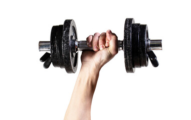 Naklejka na ściany i meble Man hold dumbbells up in hands. Man in sports with dumbbells. Strong hand man lift a weight, dumbbells. Male maleraising a dumbbell. Man hand holding dumbbell in hand