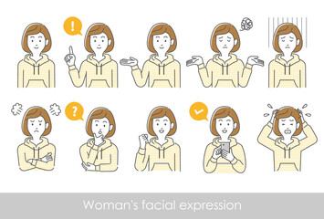 パーカーを着ている女性の表情の上半身ポーズバリエーションのイラストセット