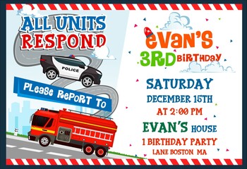 Kid's Birthday party invitation template with police car and firetruck. Colorful design template. Cartoon vector illustration