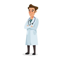 Fototapeta premium Cartoon doctor character isolated on white background. Flat style vector illustration. Veterinarian man with stethoscope. Cute character design.