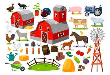 Farm animals, buildings and object set. Goat, cow, pig, horse, duck, rooster, chicken, goose etc. Cartoon farm related icons set. Vector illustration. Agriculture farm life clipart collection