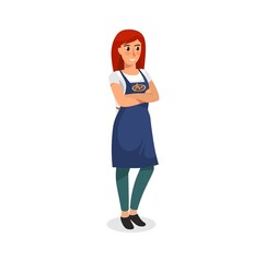 Cute woman worker wearing an apron uniform vector illustration. Cartoon woman character. Flat style employee of the supermarket, bakery, flower shop etc.