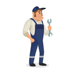 Flat style character in a uniform vector illustration. Cartoon man in a uniform holding a wrench. Flat style plumber, auto service worker etc.