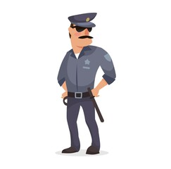 Flat style policeman character in a uniform vector illustration. Cartoon cool police officer wearing a sunglasses. Flat style.