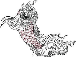 Lai Thai or Line Thai carp fish isolate background. Traditional Thai fish tattoo.Hand drawn and outline tattoo.