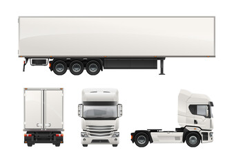 White cargo Truck Trailer vector template for mockup design isolated on white. Realistic Car Euro trucks delivering vehicle layout for corporate brand identity design. Realistic illustration © VRTX