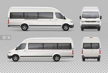 White passenger Van realistic mockup template for Branding and Corporate identity design on delivery transport. White Cargo Van isolated on grey background - obrazy, fototapety, plakaty