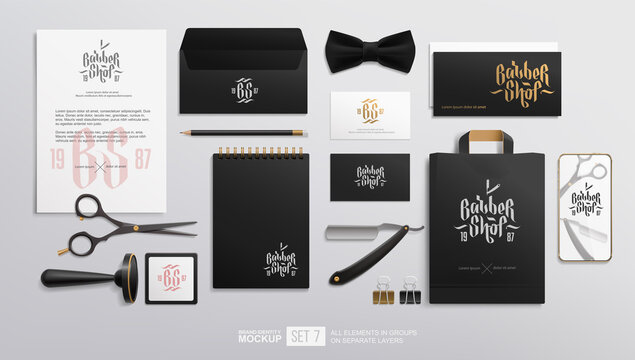 Barbershop brand identity vector mockup set. Barber shop logo with stationery items of  envelope, shopping bag, business card, gift card, package, letterhead. Company branding mockup