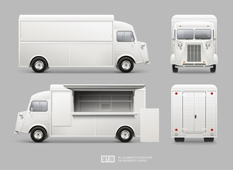 White retro food truck vector template for Mock Up for Brand Identity. Cargo truck. Realistic Delivery Service Vehicle isolated on grey background for Advertising design. Food truck with blank sign
