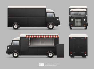 Black retro food truck vector template for Mock Up for Brand Identity. Service truck. Realistic Delivery Service Vehicle isolated on grey background for Advertising design. Food truck with blank sign
