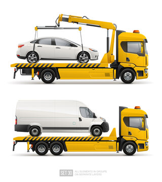 Yellow Tow truck for transportation faults emergency cars realistic vector template. Mockup Car towing truck Evacuator isolated on white background. Service truck