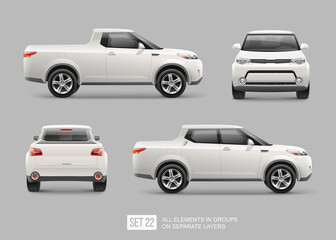 Realistic electric Pickup truck vector mockup template for Car Branding and advertising design isolated from grey. White pickup mockup view from side, front, back