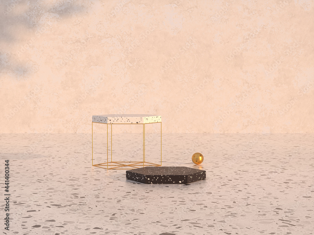 Poster natural beauty podium backdrop with terrazzo and golden textured. 3d rendering.
