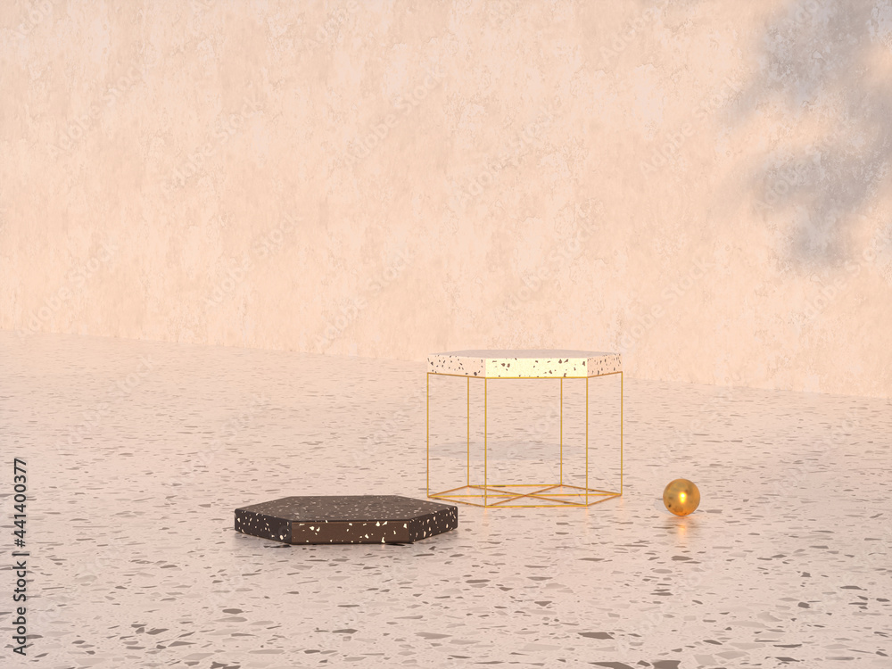Poster natural beauty podium backdrop with terrazzo and golden textured. 3d rendering.
