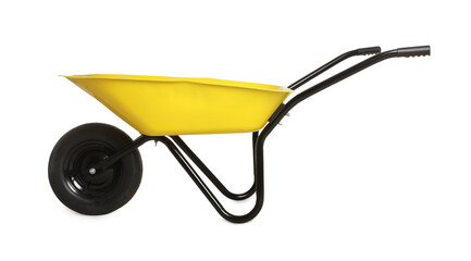 Yellow wheelbarrow isolated on white. Gardening tool - obrazy, fototapety, plakaty
