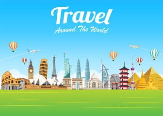Obraz premium Travel around the world of Europe, Asia and America. Famous landmarks in global. Tourism business. Vector illustration modern flat design. Road trip. Journey vacation concept.