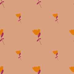 Nature pale tones seamless pattern with orange simple flowers ornament. Beige background.