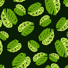 Tropical seamless pattern with bright green monstera elements print. Dark background. Random ornament.