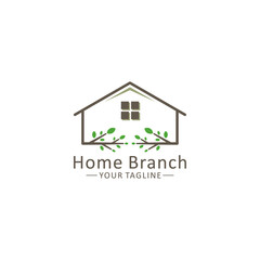 HOME ICON VECTOR LOGO AND BRANCH LEAVES SYMBOL OF ENVIRONMENTALLY FRIENDLY HOUSE