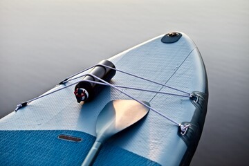 Paddleboard and surf board with paddle on blue water surface background close up. Surfing and SUP...