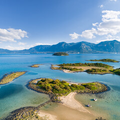 Bird's-eye view of the small Lichadonisia archipelago on the northwest side of the Greek island of...