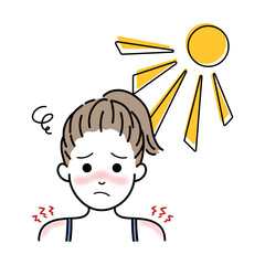 日差しで日焼けをしてヒリヒリするポニーテールの女の子