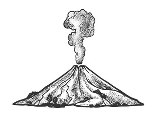 smoking volcano eruption line art sketch engraving vector illustration. T-shirt apparel print design. Scratch board imitation. Black and white hand drawn image. - obrazy, fototapety, plakaty