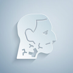 Paper cut Throat cancer icon isolated on grey background. Laryngeal cancer. Paper art style. Vector