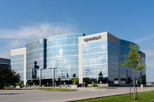 Richmond Hill, On, Canada - June 20, 2021: OpenText  field office in Richmond Hill, Ontario, Canada. OpenText is a Canadian company that develops and sells EIM software.