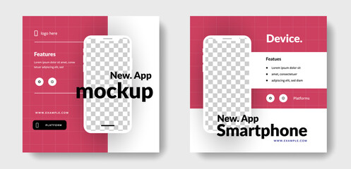 Mobile mockup for social media templates, square banners with smartphone shape, place for photos, business application design promotion	
