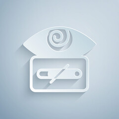Paper cut Hypnosis icon isolated on grey background. Human eye with spiral hypnotic iris. Paper art style. Vector