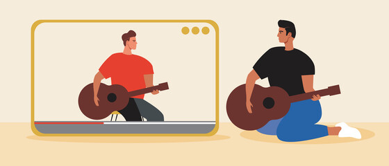Online Guitar Learning, Flat Vector Stock Illustration with Videos for Guitarists and Online Learning