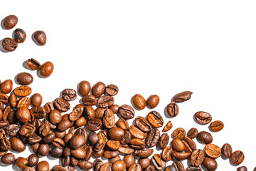 Obraz premium Coffee beans on white in the form of a frame, top view. Place for text, flat lay, copy space.