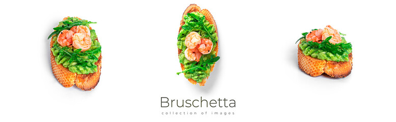 Obraz na płótnie Canvas Bruschetta with cream cheese, shrimps cucumber and arugula leaves isolated on a white background. Toast isolated. Sandwich isolated. Sandwich with shrimps, salmon and cheese.