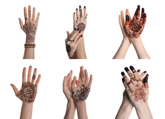 Closeup view of women with henna tattoo on hands against white background, collage. Traditional...