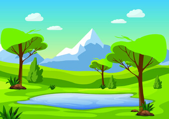 Fototapeta premium Mountain lake landscape vector illustration. Tranquil Rural Landscape consept.