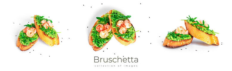 Bruschetta with cream cheese, shrimps cucumber and arugula leaves isolated on a white background....
