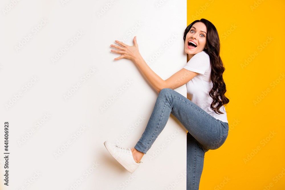 Sticker portrait of lovely funny cheerful wavy-haired girl holding climbing big board copy space isolated on